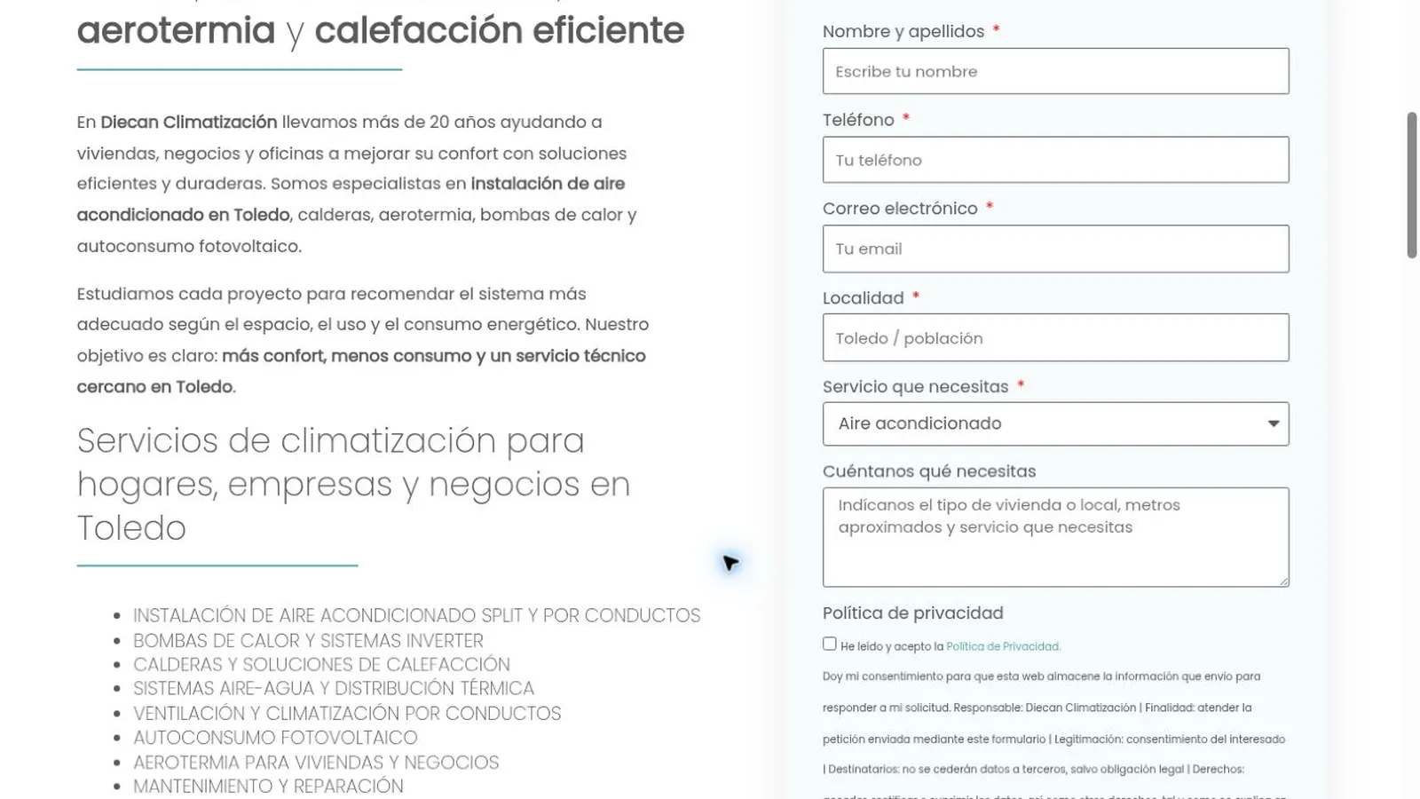 Diecan Climatización — imagen 4 del proyecto realizado por A10web